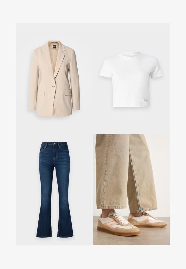 Beige blazer lavet af glat stof, med en enkelt knaplukning, to forlommer og et spidst reversdesign. Indvendigt er det lysebrunt.; Hvid kortærmet t-shirt lavet af glat bomuld med høj hals og korte ærmer. Lille broderet logo i bunden af hjørnet.; Høj talje flared jeans i mørk denim. Har en frontlukning med knap og lynlås, bæltestropper og en minimalt slidtegn.; Brune og creme sneakers med et design af ruskind og mesh, der har snørebåndslukning og gummisåler, parret med brune vide jeans.