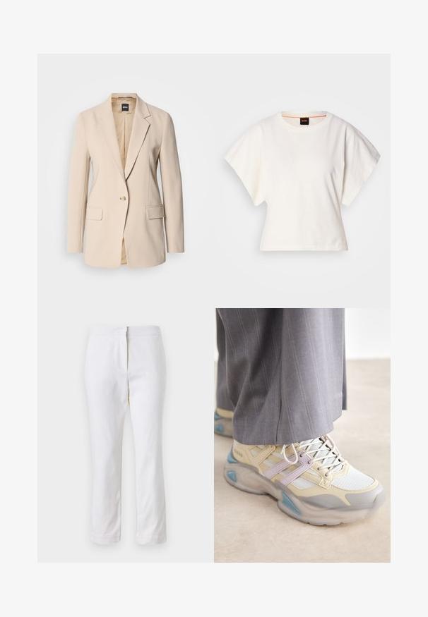 Beiger Blazer aus glattem Stoff, mit einem knöpfbaren Einreiher, zwei Fronttaschen und einem Reverskragen-Design. Das Innenfutter ist beige.; Weißes, kurzes T-Shirt, kurze weite Ärmel, weicher Baumwollstoff, runder Ausschnitt mit subtilen orangefarbenen Akzenten, minimales Design, keine Muster oder Grafiken.; Weiße Baumwollhose mit geradem Bein, mittelhoher Taille und ohne sichtbare Beschläge oder Muster. Glatte Textur auf der gesamten Fläche.; Fette sportliche Schuhe in Hellgelb und Weiß mit lila Akzenten und Netzeinsätzen. Dicke, durchsichtige Sohle mit blauen Details.