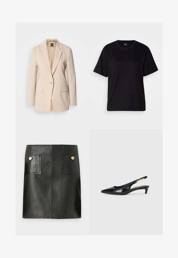Bež blazer izrađen od glatke tkanine, s jednim dugmetom, dva prednja džepa i s dijagonalno otvojenim reverom. Unutrašnjost je u boji tan.; Crna pamučna majica s okruglim izrezom, kratkim rukavima i izvezenim logotipom na prsima. Jednostavan, opušten kroj bez uzorka.; Crna mini suknja od kože s prednjim džepovima, svaki pričvršćen jednim okruglim zlatnim gumbom.; Crne kožne sandale s petom, s izduženim vrhom, imaju usku petu i zlatni akcent na podesivoj traci. Glatka tekstura.
