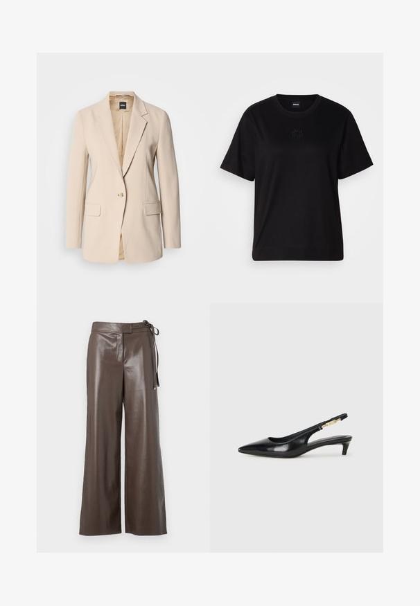 Bež blazer izrađen od glatke tkanine, s jednim dugmetom, dva prednja džepa i s dijagonalno otvojenim reverom. Unutrašnjost je u boji tan.; Crna pamučna majica s okruglim izrezom, kratkim rukavima i izvezenim logotipom na prsima. Jednostavan, opušten kroj bez uzorka.; Smeđe hlače širokih nogavica od umjetne kože s visokim strukom i bočnim vezivanjem na bijeloj pozadini.; Crne kožne sandale s petom, s izduženim vrhom, imaju usku petu i zlatni akcent na podesivoj traci. Glatka tekstura.