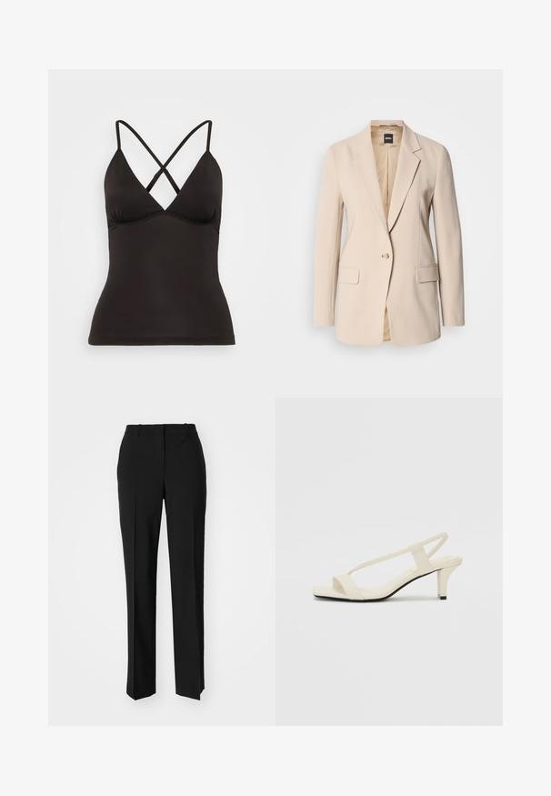 Blazer beige hecho de tela suave, con cierre de un solo botón, dos bolsillos frontales y un diseño de solapa muesca. El interior es de color beige claro.; Camiseta sin mangas negra con tirantes cruzados ajustables, que presenta un escote en V profundo y una silueta ajustada. Fabricada en una tela lisa y elástica.; Pantalones negros ajustados con un diseño de pierna recta, que presentan una textura suave y pliegues nítidos en el frente. Sin herrajes visibles.; Sandalias de tacón cuadrado en color beige con tiras delgadas y punta cuadrada. Material suave con un diseño minimalista, diseñado para facilitar su uso.