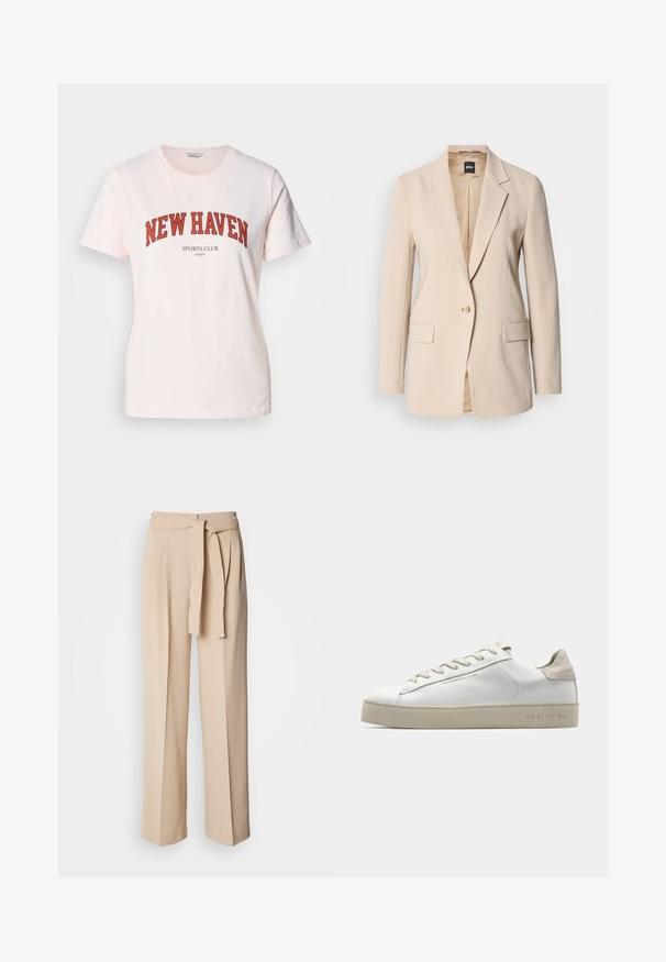 Bež blazer izrađen od glatke tkanine, s jednim dugmetom, dva prednja džepa i s dijagonalno otvojenim reverom. Unutrašnjost je u boji tan.; Svijetlo ružičasta pamučna majica s natpisom "NEW HAVEN" u hrabrim crvenim slovima, s "SPORTS CLUB" ispod. Kratki rukavi i okrugli izrez.; Bež hlače visokog struka s remenom na vezanje, širokih nogavica, glatkog materijala i mekanog sastava. Imaju plitke nabore sprijeda.; Bijele kožne tenisice s glatkom površinom, bež nubuk detalji, okrugli vrh, ravni dizajn s vezicama i strukturirana gumena potplat.