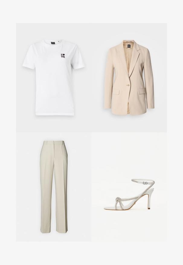 Sacou bej dintr-o țesătură netedă, cu închidere cu un singur nasture, două buzunare frontale și un design cu rever tăiat. Interiorul este de culoare bej deschis.; Tricou alb din bumbac, cu mâneci scurte, având inscripționat în negru textul "LOVE" și un logo în formă de inimă în zona stângă a pieptului.; Pantaloni bej, croiți pe măsură, cu un croi drept, având pliuri frontale, talie plată și o textură netedă pentru un finisaj curat.; Sandalie albe cu toc înalt, cu o curea texturată ce prezintă strasuri, design cu vârf deschis și curea pentru gleznă cu cataramă ajustabilă.