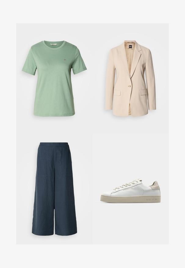 Beige blazer made of smooth fabric, featuring a single button closure, two front pockets, and a notched lapel design. Interior is tan.; Light green short-sleeve T-shirt made of soft cotton. Round neckline and a small embroidered logo on the left chest. Smooth texture.; Wide-leg trousers in navy blue, made from lightweight fabric. Features a slightly textured surface, elastic waistband, and front seams.; White leather sneaker with a smooth finish, beige suede accents, round toe, flat lace-up design, and a textured rubber sole.