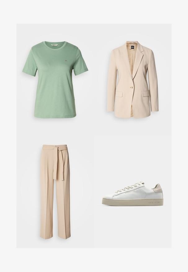Bež blazer izrađen od glatke tkanine, s jednim dugmetom, dva prednja džepa i s dijagonalno otvojenim reverom. Unutrašnjost je u boji tan.; Svijetlozeleni majica kratkih rukava od mekanog pamuka. Okrugli izrez i mali izvezeni logotip na lijevoj strani grudi. Glatka tekstura.; Bež hlače visokog struka s remenom na vezanje, širokih nogavica, glatkog materijala i mekanog sastava. Imaju plitke nabore sprijeda.; Bijele kožne tenisice s glatkom površinom, bež nubuk detalji, okrugli vrh, ravni dizajn s vezicama i strukturirana gumena potplat.