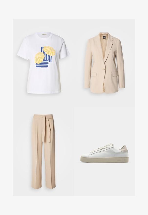 Sima anyagból készült bézs blézer, egyetlen gombos zárással, két elülső zsebbel és hajtókás gallérral. Belső része barna.; Fehér pamut póló, amelyen sárga és kék csíkos strandernyők grafikai mintája látható, az alján a "GANT RESORT" felirattal.; Beige, magas derekú nadrág, kötényövel, bő szárú design, sima anyag, és puha textúra. Elöl redők találhatók.; Fehér bőr sportcipő sima felülettel, bézs velúr díszítéssel, kerek orrrésszel, lapos fűzős kivitelben, és mintás gumitalppal.