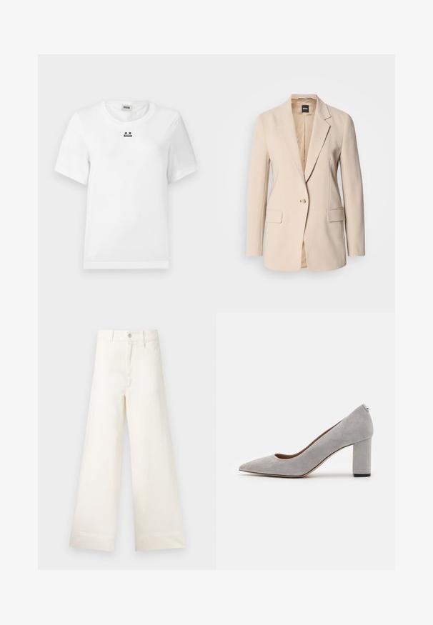 Bež bleiser, mis on valmistatud siledast kangast, ühekordse nööbi sulgemisega, kahe esipocketiga ja võimaliku kraedisainiga. Sees on helepruun.; Valge puuvillane T-särk lühikeste varrukatega, mille eesoleval rinnal on väike must graafiline kujundus näost, millel on südamevormis silmad ja sirge suu.; Laiad püksid heleses puuvillas. Omavad kõrget vööd, ees on taskud ja sirge lõige. Puhtad ääred ilma mustriteta.; Hallhall puhviga tikk-kontsa ja jämeda kanna ning terava nina. Omab sujuvat tekstuuri ja peent kanna aktsenti stabiilsuse tagamiseks.