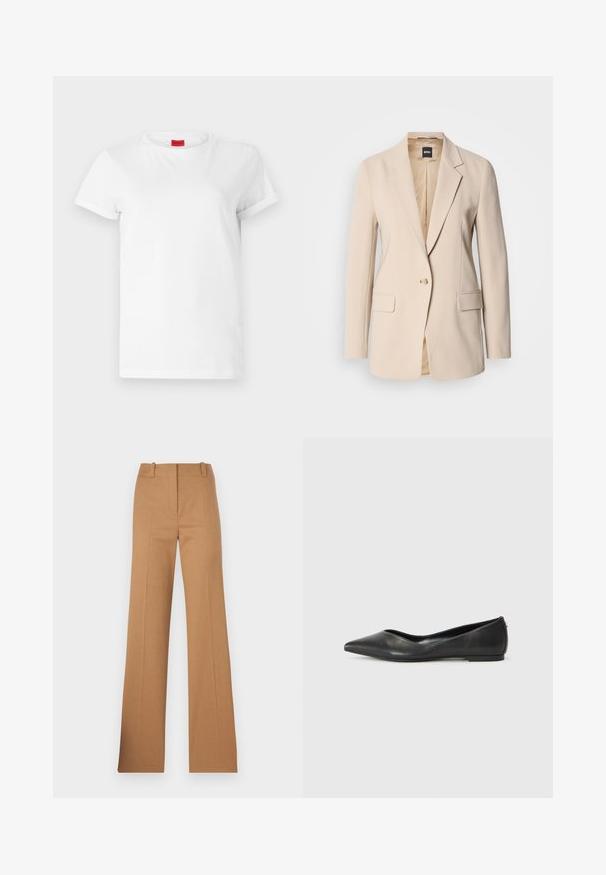 Beżowa marynarka wykonana z gładkiego materiału, z zamknięciem na jeden guzik, dwoma przednimi kieszeniami oraz z wyciętym kołnierzem. Wnętrze jest w odcieniu jasnobrązowym.; Biała koszulka z krótkim rękawem wykonana z lekkiej bawełny. Posiada okrągły dekolt i podwinięte rękawy. Czerwona metka z logo na kołnierzyku.; HUGO HULANA brązowy; Czarne skórzane baletki z ostrym noskiem, niskim obcasem i gładką fakturą. Minimalistyczny design z subtelnym akcentem po boku.
