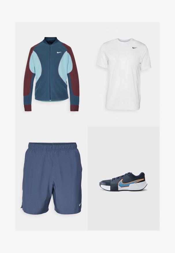 Nike track jacket featuring a zip front, blue and maroon panels, ribbed cuffs, and a small white logo on the chest. Smooth fabric texture.; White short-sleeve t-shirt made of smooth fabric. Features a round neck and a small black Nike logo on the left chest.; GrayNike shorts feature an elastic waistband, lightweight material, and side slits for mobility, with a small logo on the lower right leg.; Sport shoes with a navy mesh and synthetic upper, orange and blue accents, textured sides, and a white rubber sole.