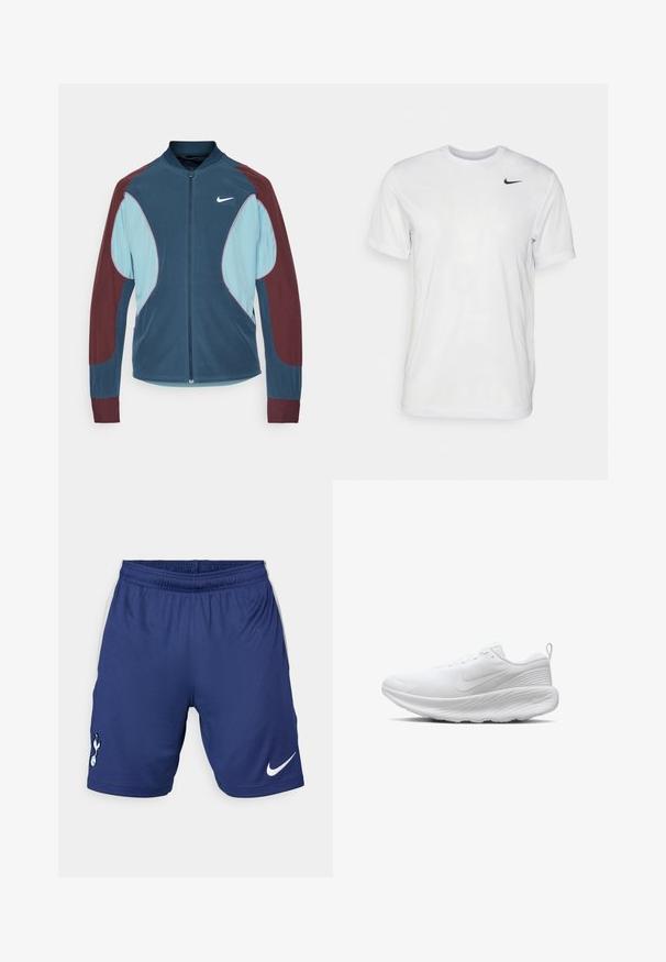 Nike hardloopjack met een ritssluiting aan de voorkant, blauwe en bordeauxrode panelen, ribgebreide manchetten en een klein wit logo op de borst. Gladde stoftextuur.; Witte korte mouwen t-shirt gemaakt van gladde stof. Voorzien van een ronde hals en een klein zwart Nike-logo op de linkerborst.; Nike sportshorts in donkerblauw, met een elastische taille, witte accenten aan de zijkant en een clublogo op het linkerbeen.; Nike Performance PROMINA - Sportieve wandelschoenen - white pure platinum