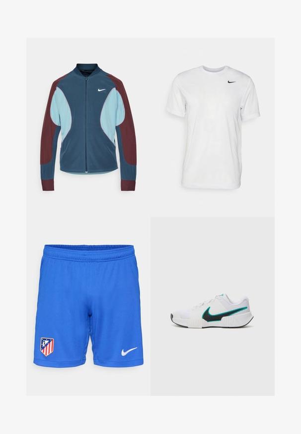 Nike Trackjacke mit Reißverschluss vorne, blauen und kastanienbraunen Paneelen, gerippten Bündchen und einem kleinen weißen Logo auf der Brust. Glatte Stoffstruktur.; Weißes T-Shirt mit kurzen Ärmeln aus glattem Stoff. Verfügt über einen runden Halsauschnitt und ein kleines schwarzes Nike-Logo auf der linken Brust.; Blaue Sportshorts mit elastischem Bund, auf der linken Seite mit einem Teamlogo und auf der rechten Seite mit einem weißen Nike-Swoosh.; Weißer Sportschuh mit strukturiertem Mesh-Obermaterial, schwarzer Gummisohle und türkisfarbenem Nike-Swoosh-Akzent. Verfügt über Schnürsenkel und gepolsterten Kragen.