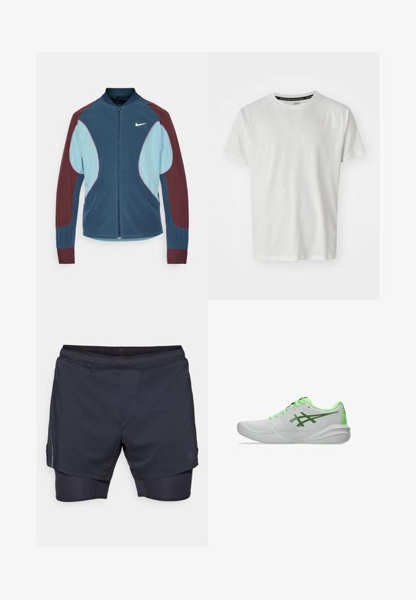 Nike Trackjacke mit Reißverschluss vorne, blauen und kastanienbraunen Paneelen, gerippten Bündchen und einem kleinen weißen Logo auf der Brust. Glatte Stoffstruktur.; ASICS GAME - T-Shirt basic - cream; Männer Sportshorts in dunkelblau mit elastischem Bund, geschichtetem Design und inneren Kompressionsshorts. Mit einer Seitentasche und Logo.; Weiße Sportschuhe mit grünen Akzenten, glatter Oberfläche, abgerundetem Zehenbereich sowie einer gepolsterten Sohle mit subtiler Textur und Belüftungslöchern.