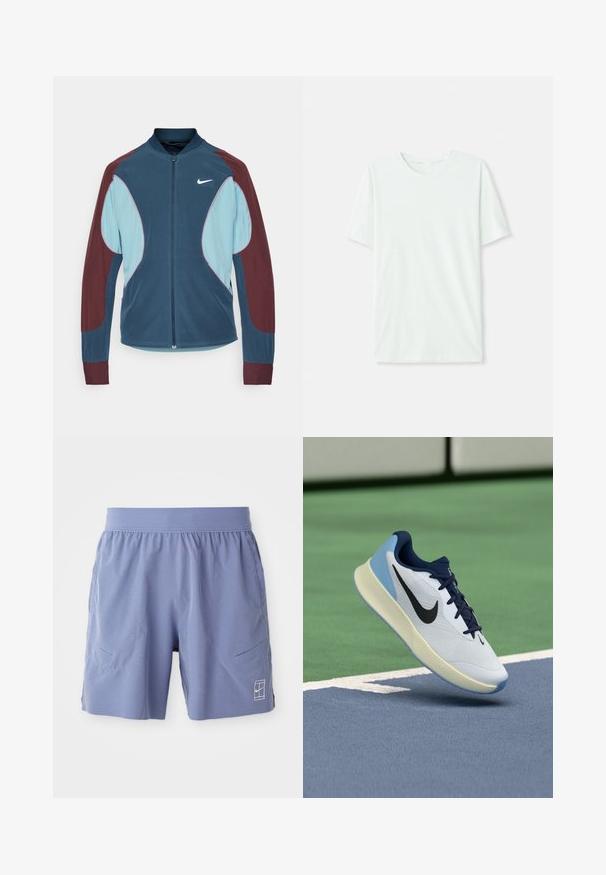 Nike hardloopjack met een ritssluiting aan de voorkant, blauwe en bordeauxrode panelen, ribgebreide manchetten en een klein wit logo op de borst. Gladde stoftextuur.; Licht mintgroen T-shirt met korte mouwen, gemaakt van zachte stof. Het heeft een ronde halslijn en een simpele, rechte snit zonder versieringen.; Lichtblauwe sportshorts met een elastische tailleband, twee zijzakken en een klein wit logo aan de onderkant rechts vooraan. Glad textuur.; Witte sportieve schoen met marineblauwe accenten, een ademende bovenkant, een gestructureerde zool en een lichtblauwe hiel, die een slank, modern ontwerp laat zien.