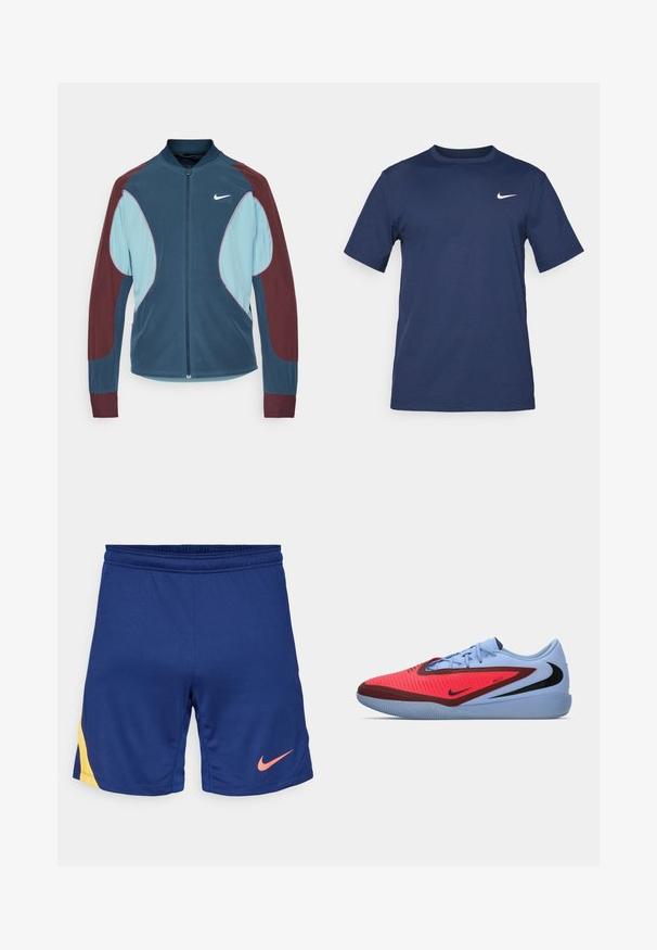 Nike Trackjacke mit Reißverschluss vorne, blauen und kastanienbraunen Paneelen, gerippten Bündchen und einem kleinen weißen Logo auf der Brust. Glatte Stoffstruktur.; Marineblaue Nike-T-Shirt aus weichem Stoff, mit kurzen Ärmeln, einem Rundhalsausschnitt und einem kleinen weißen Logo auf der oberen linken Brust.; Marineblaue Sportshorts mit gelbem seitlichem Detail und pinkem Nike Swoosh-Logo am rechten Bein, elastischer Bund.; Nike Sportschuh mit blauer Oberseite, roten Akzenten, einem strukturierten Design und einem schwarzen Logo. Gummilaufsohle mit rutschfester Musterung.