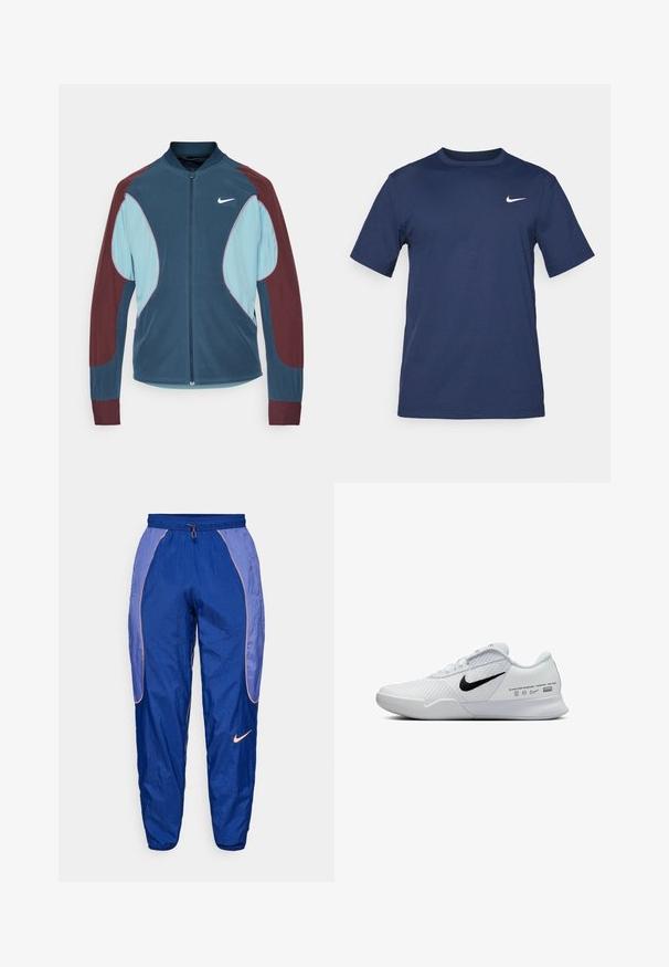 Nike Trackjacke mit Reißverschluss vorne, blauen und kastanienbraunen Paneelen, gerippten Bündchen und einem kleinen weißen Logo auf der Brust. Glatte Stoffstruktur.; Marineblaue Nike-T-Shirt aus weichem Stoff, mit kurzen Ärmeln, einem Rundhalsausschnitt und einem kleinen weißen Logo auf der oberen linken Brust.; Blaue Nylon-Trainingshose mit elastischem Bund, Kordelzug und orangefarbener Paspelierung. Mit Nike-Logo auf der linken Seite. Glatte Textur, taillierter Schnitt.; Weißer Sportschuh mit strukturiertem Obermaterial, dezentem schwarzem Nike-Swoosh und Logodetails an der Ferse. Besitzt ein abgerundetes Sohlen-Design.