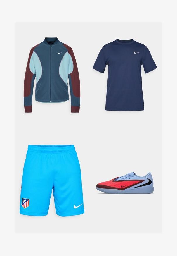 Nike hardloopjack met een ritssluiting aan de voorkant, blauwe en bordeauxrode panelen, ribgebreide manchetten en een klein wit logo op de borst. Gladde stoftextuur.; Marineblauwe Nike t-shirt gemaakt van zachte stof, met korte mouwen, een ronde hals en een klein wit logo op de bovenste linkerkant van de borst.; Lichtblauwe sportshorts van ademend materiaal met een elastische tailleband, voorzien van een teamlogo en een witte Nike swoosh.; Nike sportschoen met een blauwe bovenkant, rode accenten, een textuurdesign en een zwart logo. Rubberen buitenzool met een gepatterde grip.