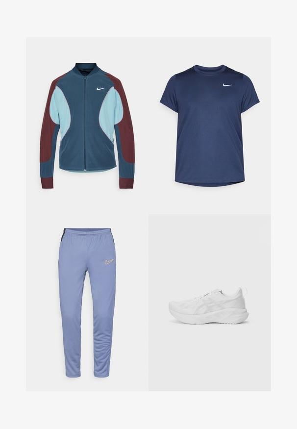 Nike hardloopjack met een ritssluiting aan de voorkant, blauwe en bordeauxrode panelen, ribgebreide manchetten en een klein wit logo op de borst. Gladde stoftextuur.; Marineblauwe sportieve t-shirt met korte mouwen, gemaakt van gladde, lichte stof; heeft een klein wit Nike-logo op de bovenste linkerzijde.; Lichtblauwe sportbroekjes gemaakt van zacht materiaal, met zwarte zijpanelen, een elastische tailleband en een gele Nike-logo op het linkerdijbeen.; Witte sportschoen met een gestructureerde mesh bovenkant, innovatieve demping, een gebogen zool en een trekhaak aan de hiel voor gemakkelijk aan- en uittrekken.