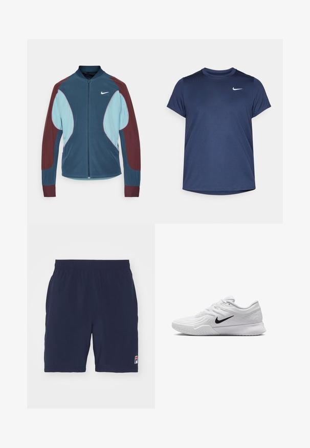 Nike hardloopjack met een ritssluiting aan de voorkant, blauwe en bordeauxrode panelen, ribgebreide manchetten en een klein wit logo op de borst. Gladde stoftextuur.; Marineblauwe sportieve t-shirt met korte mouwen, gemaakt van gladde, lichte stof; heeft een klein wit Nike-logo op de bovenste linkerzijde.; Marineblauwe sportshorts van ademend materiaal met een elastische tailleband en een klein logo-embleem aan de linkerbenedenhoek.; Witte sportieve schoen met textuur in het mesh bovenwerk, zwarte Nike swoosh, gevoerde kraag en rubberen zool met een profielpatroon.