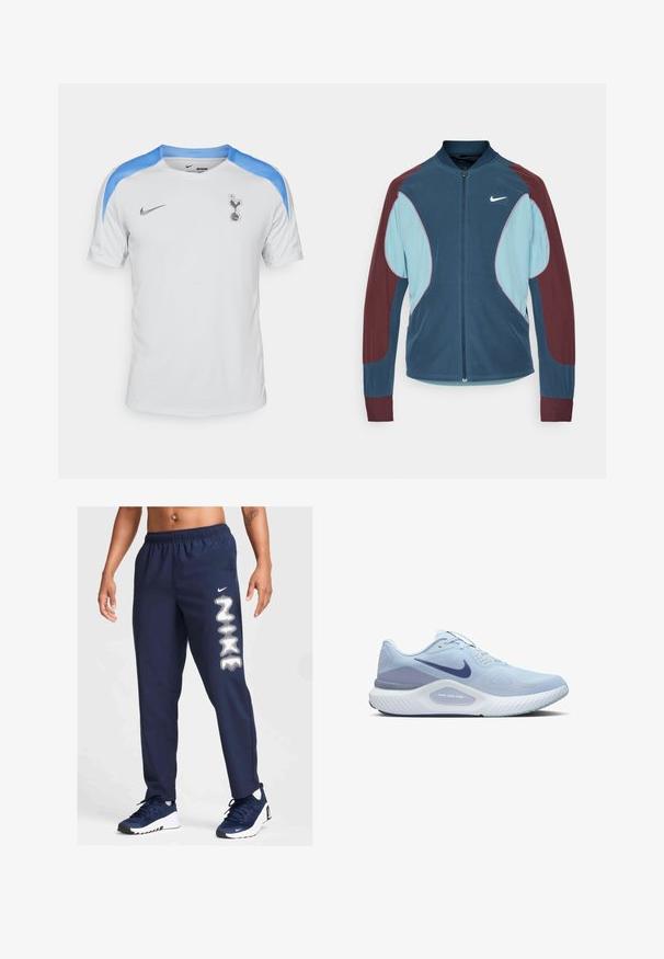 Chaqueta de pista de Nike con cierre frontal de cremallera, paneles azul y marrón, puños acanalados y un pequeño logo blanco en el pecho. Textura de tela suave.; Camiseta de fútbol blanca de Nike con acentos en azul claro en los hombros, que presenta un logo del club y un tejido texturizado para mayor transpirabilidad. Diseño de mangas cortas.; Pantalones deportivos de color navy con cintura elástica, bolsillos laterales y diseño del logo de Nike en blanco en la pierna izquierda. Adecuados para deportes y uso casual.; Zapatilla deportiva de color azul claro con una parte superior de malla transpirable, acentos en azul oscuro, suela texturizada y un sistema de soporte acolchado.