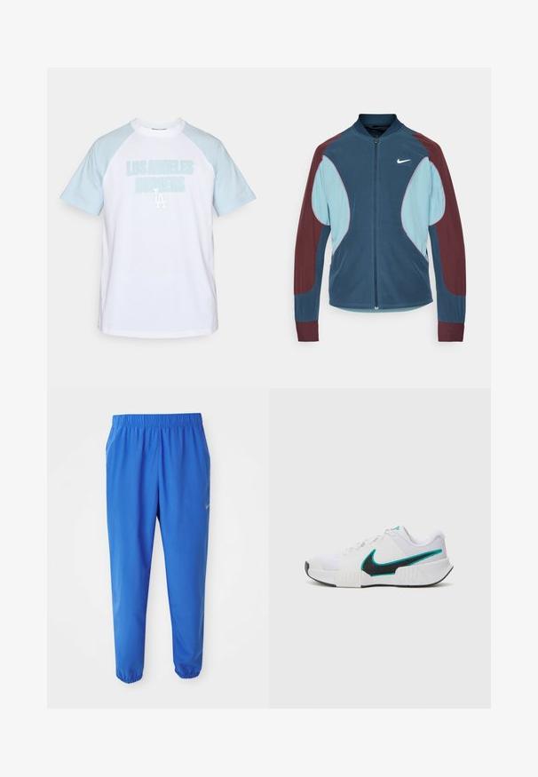 Chaqueta de pista de Nike con cierre frontal de cremallera, paneles azul y marrón, puños acanalados y un pequeño logo blanco en el pecho. Textura de tela suave.; Camiseta blanca con mangas raglán azul claro, que presenta "LOS ANGELES DODGERS" en texto grande y azul claro, y un pequeño logo "LA".; Pantalones deportivos azules con cintura elástica, diseño de pierna recta y puños ceñidos. Presenta el logo de Nike en dorado en el lado izquierdo.; Zapatilla deportiva blanca con parte superior de malla texturizada, suela de goma negra y acento del swoosh de Nike en color teal. Cuenta con cordones y un collar acolchado.