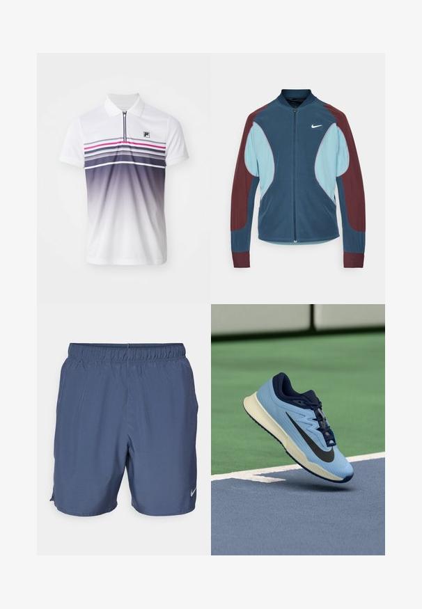 Nike Trackjacke mit Reißverschluss vorne, blauen und kastanienbraunen Paneelen, gerippten Bündchen und einem kleinen weißen Logo auf der Brust. Glatte Stoffstruktur.; Weißes Polo-Shirt mit kurzen Ärmeln, Frontreißverschluss, horizontalen Streifen in Lila, Pink und Grau sowie einem kleinen schwarzen Logo auf der Brust.; Die grauen Nike-Shorts verfügen über einen elastischen Bund, leichtes Material und seitliche Schlitze für Beweglichkeit, mit einem kleinen Logo am unteren rechten Bein.; Hellblaue Sportschuhe mit marineblauen Akzenten, strukturiertes Mesh-Obermaterial und schwarzem Swoosh-Logo. Verfügt über eine gepolsterte Zwischensohle und eine Gummilaufsohle.