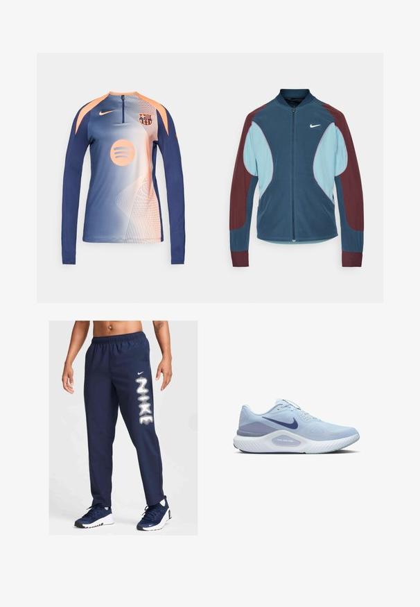 Nike track jacket featuring a zip front, blue and maroon panels, ribbed cuffs, and a small white logo on the chest. Smooth fabric texture.; Long-sleeve blue and peach Nike football training top with FC Barcelona crest and Spotify logo, zip collar, and abstract line pattern.; Navy athletic pants with an elastic waistband, side pockets, and white Nike logo design on the left leg. Suitable for sports and casual wear.; Light blue athletic shoe with a breathable mesh upper, dark blue accents, textured sole, and cushioned support system.