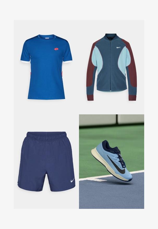 Nike hardloopjack met een ritssluiting aan de voorkant, blauwe en bordeauxrode panelen, ribgebreide manchetten en een klein wit logo op de borst. Gladde stoftextuur.; Blauwe sport t-shirt gemaakt van een gladde stof, met een subtiele textuur, witte accenten op de mouwen en een rood logo op de borst.; Donkerblauwe sportshorts van lichtgewicht stof. Voorzien van een elastische tailleband en een klein wit Nike-logo aan de onderzijde aan de linkerkant.; Lichtblauwe sportschoen met marineblauwe accenten, een gestructureerde mesh bovenkant en zwart Swoosh-logo. Bevat een gewatteerde middenzool en rubberen buitenzool.