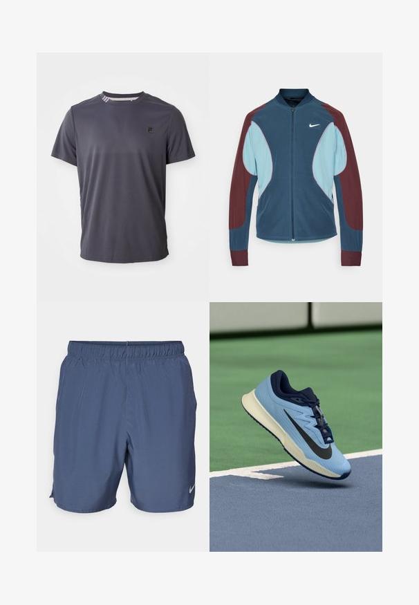 Nike Trackjacke mit Reißverschluss vorne, blauen und kastanienbraunen Paneelen, gerippten Bündchen und einem kleinen weißen Logo auf der Brust. Glatte Stoffstruktur.; Dunkelgraues, kurzärmliges Sport-T-Shirt mit kleinem schwarzem Logo auf der linken Brust und gestreifter Detailgestaltung im Kragen.; Die grauen Nike-Shorts verfügen über einen elastischen Bund, leichtes Material und seitliche Schlitze für Beweglichkeit, mit einem kleinen Logo am unteren rechten Bein.; Hellblaue Sportschuhe mit marineblauen Akzenten, strukturiertes Mesh-Obermaterial und schwarzem Swoosh-Logo. Verfügt über eine gepolsterte Zwischensohle und eine Gummilaufsohle.