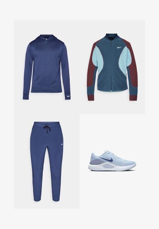 Giacca da corsa Nike con zip frontale, pannelli blu e bordeaux, polsini a coste e un piccolo logo bianco sul petto. Tessuto liscio.; Hoodie a maniche lunghe blu navy, tessuto morbido con motivo testurizzato, dotato di tasca frontale, cappuccio con cordino e un piccolo logo bianco sulla manica.; Pantaloni sportivi blu navy con coulisse elastica in vita, cordino regolabile, gamba affusolata e un piccolo logo riflettente sulla coscia sinistra. Tessuto morbido e liscio.; Scarpa da atletica azzurro chiaro con tomaia in rete traspirante, accenti blu scuro, suola testurizzata e sistema di supporto imbottito.