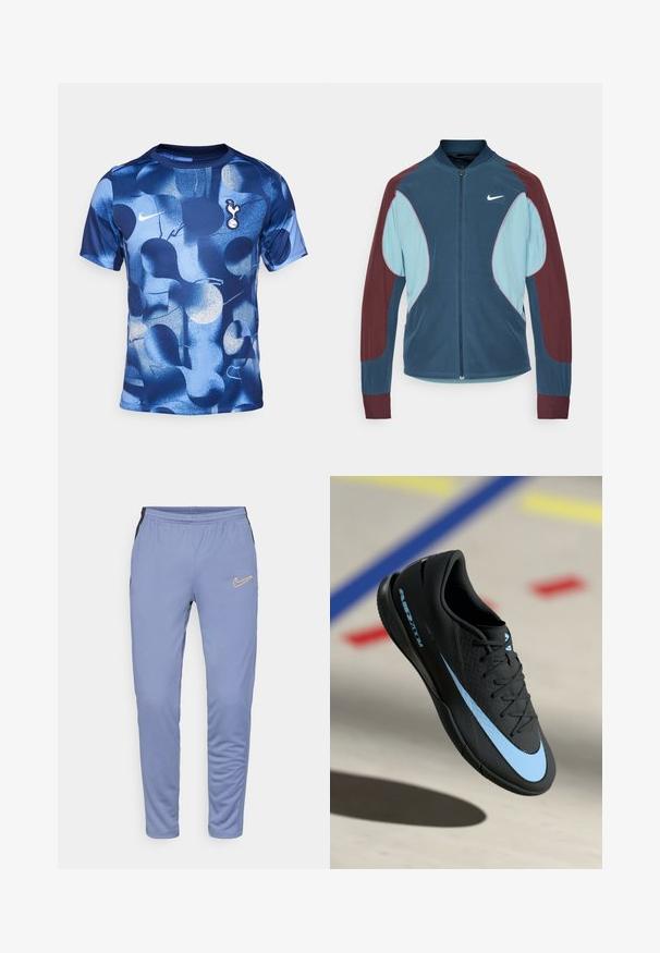 Nike Trackjacke mit Reißverschluss vorne, blauen und kastanienbraunen Paneelen, gerippten Bündchen und einem kleinen weißen Logo auf der Brust. Glatte Stoffstruktur.; Blaues Grafik-T-Shirt mit abstrakten Formen in verschiedenen Blautönen und Rundhalsausschnitt. Nike-Logo und Emblem von Tottenham Hotspur sind enthalten.; Helle blaue Sporthose aus weichem Stoff, mit schwarzen Seitenstreifen, einem elastischen Bund und einem gelben Nike-Logo am linken Oberschenkel.; Schwarzer Sportschuh mit blauen Akzenten, strukturierter Oberfläche, Schnürdesign und markantem Nike-Logo. Gummisohle mit Grip-Mustern.