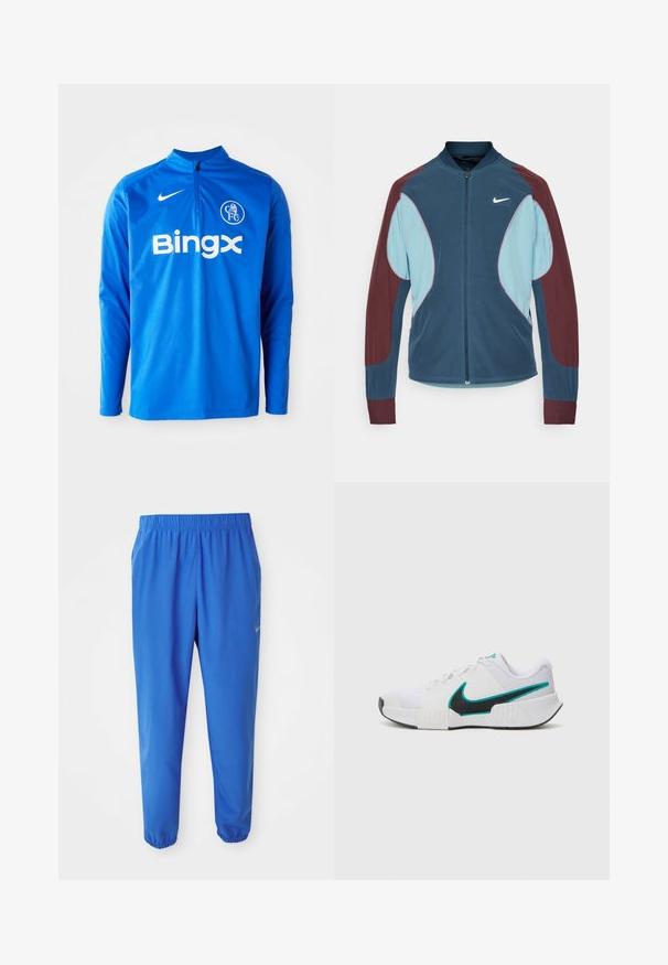 Nike Trackjacke mit Reißverschluss vorne, blauen und kastanienbraunen Paneelen, gerippten Bündchen und einem kleinen weißen Logo auf der Brust. Glatte Stoffstruktur.; Blaues langärmeliges Sportoberteil aus leichtem Stoff. Mit einem halben Reißverschluss am Hals, Nike-Logo und "Bingx"-Branding auf der Vorderseite.; Blaue Sporthosen mit elastischem Bund, geradem Bein und schmal zulaufenden Säumen. Mit dem goldenen Nike-Logo auf der linken Seite.; Weißer Sportschuh mit strukturiertem Mesh-Obermaterial, schwarzer Gummisohle und türkisfarbenem Nike-Swoosh-Akzent. Verfügt über Schnürsenkel und gepolsterten Kragen.