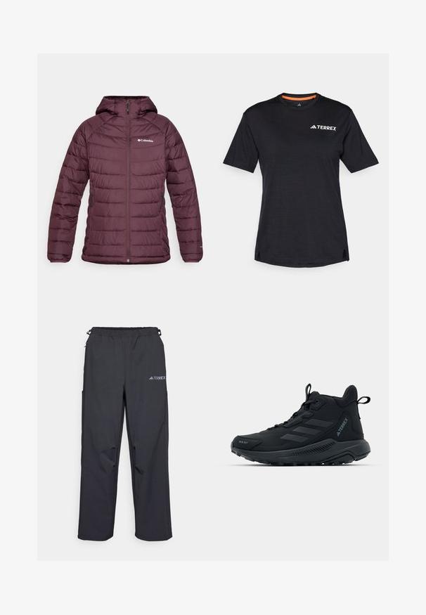 Burgundijska puffer jakna s kapuljačom, kvadratičastog dizajna, prednjim zatvaračem i dva bočna džepa. Sadrži logo Columbia na prsima.; Crna majica kratkih rukava s okruglim izrezom, koja ima suptilnu melirani teksturu i bijeli logo "TERREX" na gornjoj lijevoj strani.; Crne, lagane hlače za aktivnosti na otvorenom s elastičnom pasicom, bočnim džepovima i logotipom na gornjoj desnoj nozi. Glatka, vodootporna tkanina.; Crne planinarske cipele s teksturiranim gornjim dijelom, ojačanim prstom i gumenim potplatom. Sadrže dizajn s tri pruge i podstavljeni ovratnik za podršku.