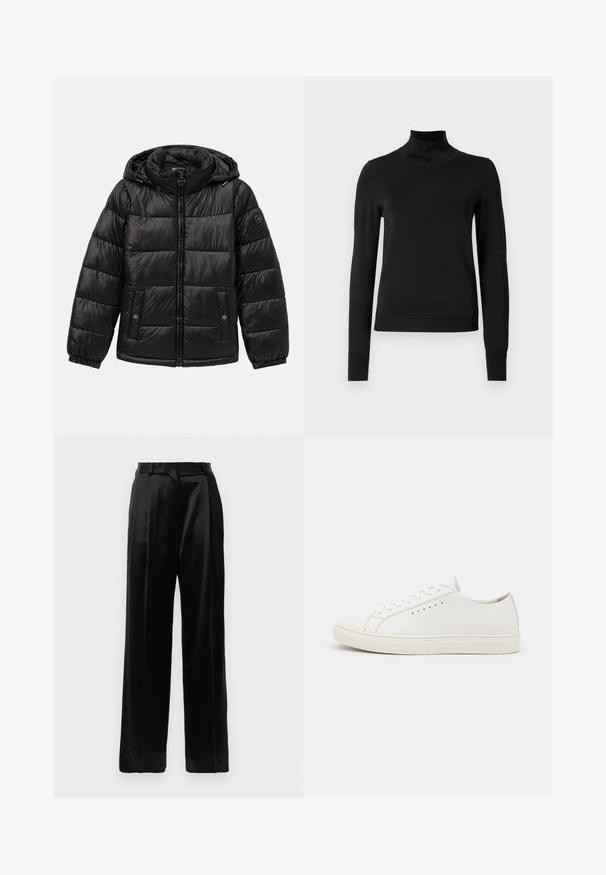 Črna podložena puhovka s kapuco, zadrgo, žepoma na nastavek s gumbom, elastičnimi manšeti in logotipom na levem rokavu.; Črni pulover s dolgimi rokavi in vratnikom, z rebrastimi манжетами in robom, prikazan na enobarvni beli podlagi.; Črne satenske hlače visoke pasu z ravnimi širokimi nogami, z zankami za pas in ravnim sprednjim zapiranjem na enobarvni beli podlagi.; Bele usnjene superge z gladko teksturo, okroglo konico, minimalnimi luknjicami za vezalke in ravnim gumijastim podplatom. Preprost dizajn brez dodatnih okrasov.