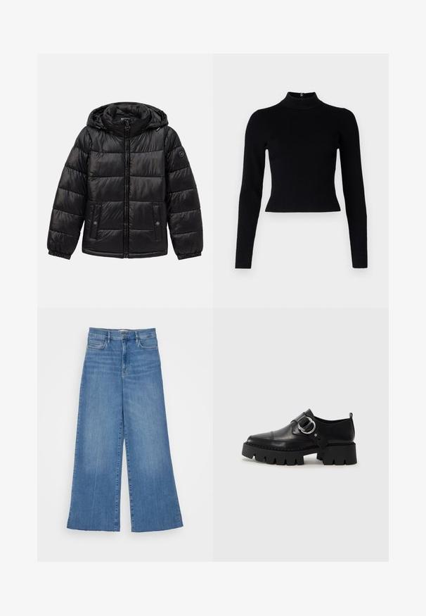 Black quilted puffer jacket with hood, zip closure, snap-button pockets, elastic cuffs, and logo patch on the left sleeve.; Black ribbed turtleneck sweater with long sleeves and a fitted silhouette, featuring a smooth texture and a back zipper detail.; FRAME PALAZZO RAW FRAY - Wide Leg - clearwater; Black leather shoes with a chunky, ribbed sole, featuring a circular silver hardware accent and minimal stitching detail.