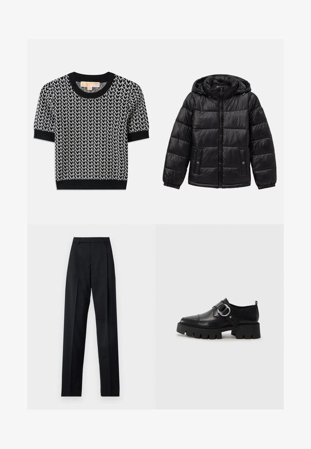 Giacca a vento può nera con trapuntatura, cappuccio, chiusura con zip, tasche con bottoni a pressione, polsini elasticizzati e patch con logo sulla manica sinistra.; Maglione nero a maniche corte con un motivo a freccia intrecciato in bianco. Collo e polsini a coste, con una forma aderente e una texture morbida.; Pantaloni neri realizzati in tessuto morbido, caratterizzati da vita alta, gambe larghe, pince frontali e classiche passanti per cintura. Non ci sono tasche laterali visibili.; Scarpe in pelle nera con suola spessa e rigata, dotate di un accento in metallo argentato a forma circolare e dettagli di cucitura minimal.