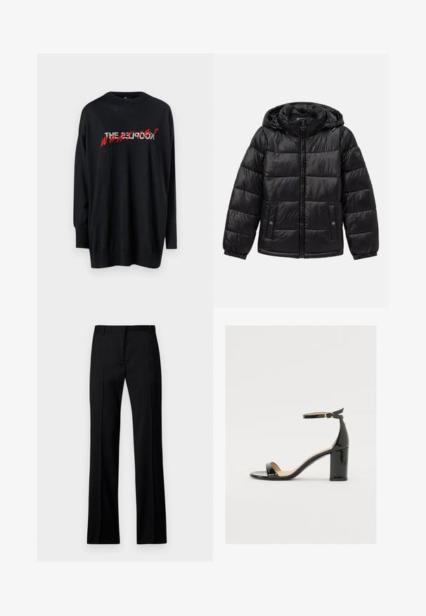 Black quilted puffer jacket with hood, zip closure, snap-button pockets, elastic cuffs, and logo patch on the left sleeve.; Black long-sleeve shirt featuring "THE PEOPLE?" text in red, with a crew neck and a relaxed fit. Soft fabric with slight sheen texture.; Black straight-leg trousers in smooth fabric, featuring a flat front, belt loops, and no visible pockets or embellishments.; Black patent leather sandal with a wide heel, open toe, and ankle strap featuring a gold buckle. Smooth texture and sleek design.