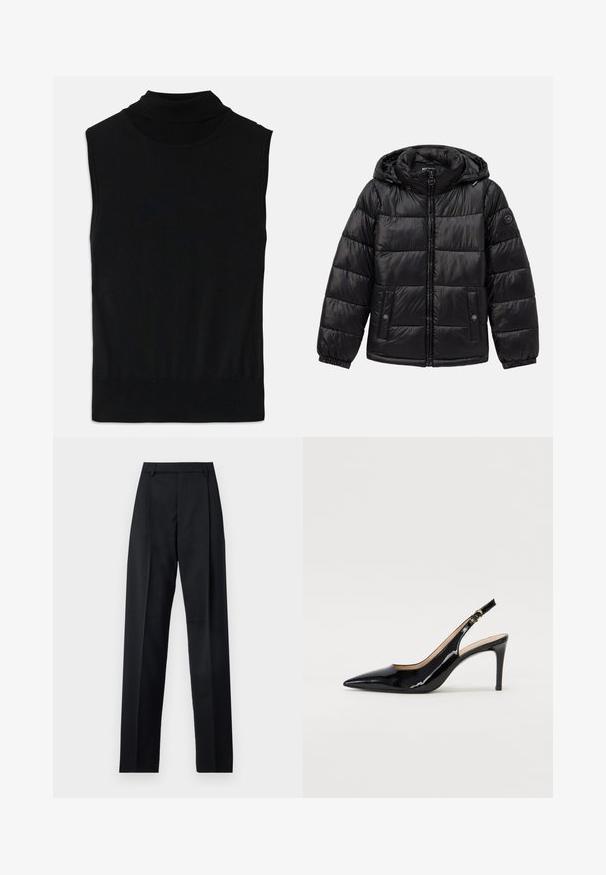 Casaco puffer acolchoado preto com capuz, fecho de zip, bolsos com botão de pressão, punhos elásticos e patch de logótipo na manga esquerda.; Top de malha sem mangas, de gola alta, preta, com bainha e gola caneladas, disposto plano sobre um fundo branco.; Calças pretas feitas de um tecido suave, com uma cintura alta, pernas largas, pregas frontais e passadores de cinto clássicos. Não há bolsos laterais visíveis.; Sandal com salto em verniz preto, bico fino, salto esguio e um design de recorte subtil. Apresenta uma fivela dourada na alça.