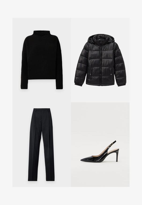 Mustat tikkikuvioiset toppatakki hupulla, vetoketjukiinnitys, nepparilla varustetut taskut, joustavat hihansuut ja logo-patch vasemmassa hihassa.; Musta poolikaulusneule pehmest kangast, millel on pikad varrukad ja lõdvestunud lõige, minimaalsed õmblused ja nähtavad kaunistused puuduvad.; Musta housut, jotka on valmistettu sileästä kankaasta ja joissa on korkea vyötärö, leveät lahkeet, etukaarteet ja klassiset vyölenkit. Ei näkyviä sivutaskuja.; Musta lakattu nahkainen slingback-korkokenkä, jossa on terävä kärki, kapea korko ja hillitty leikkaussuunnittelu. Varressa on kultainen solki.