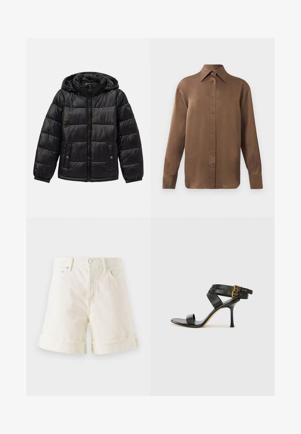 Schwarze, gesteppte Daunenjacke mit Kapuze, Reißverschluss, Druckknopf-Taschen, elastischen Bündchen und Logo-Patch am linken Ärmel.; Braunes Langarmhemd mit Knopfverschluss, spitzem Kragen und Manschetten, vor einem schlichten weißen Hintergrund präsentiert.; Helle Jeans-Shorts aus Denim mit geradem Schnitt, umgeschlagenen Saumabschlüssen und klassischem Five-Pocket-Design. Mit silbernem Metallzubehör.; Schwarze Absatzsandale mit gekreuzten Riemen und verstellbarem Schnallenverschluss. Sie verfügt über eine glatte Textur und einen schmalen Stiletto-Absatz.