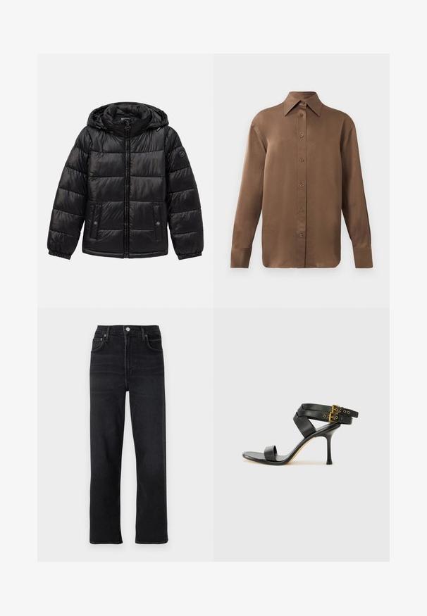 Mustmustarist kašmirist kraavi jakk kapuutsiga, lukuga sulgemine, nööbiga taskud, elastsed mansetid ja logo lipik vasakul varrukal.; Pruun pikkade varrukatega nööbitav särk terava krae ja mansettidega, esitatud lihtsa valge tausta ees.; Mustast sirge säärega teksapükstest, mis on valmistatud denimist. Omab viit taskut, nuppu ja lukku ning peeneid õmblusteadlikke detaile.; Mustad mustand koos ristatud rihmade ja reguleeritava pandlaga. Omab siledat tekstuuri ja kitsenevat stiletto kontsa.