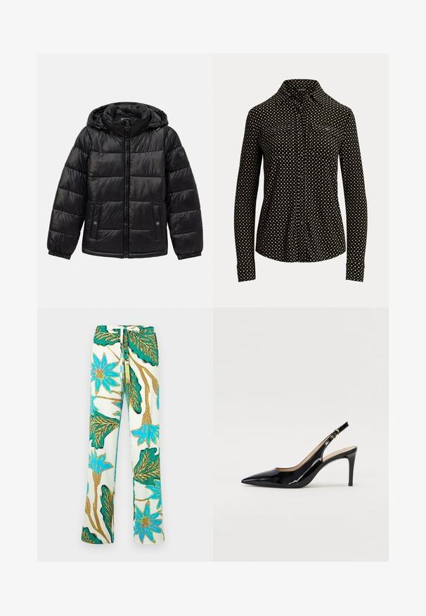 Black quilted puffer jacket with hood, zip closure, snap-button pockets, elastic cuffs, and logo patch on the left sleeve.; Black button-up shirt with white square pattern, long sleeves, collar, and two front pockets, made from a soft fabric.; Floral-patterned trousers featuring blue flowers and green leaves on a cream background; material appears smooth with a relaxed fit.; Black patent leather slingback pump with pointed toe, slim heel, and a subtle cutout design. Features a gold buckle on the strap.