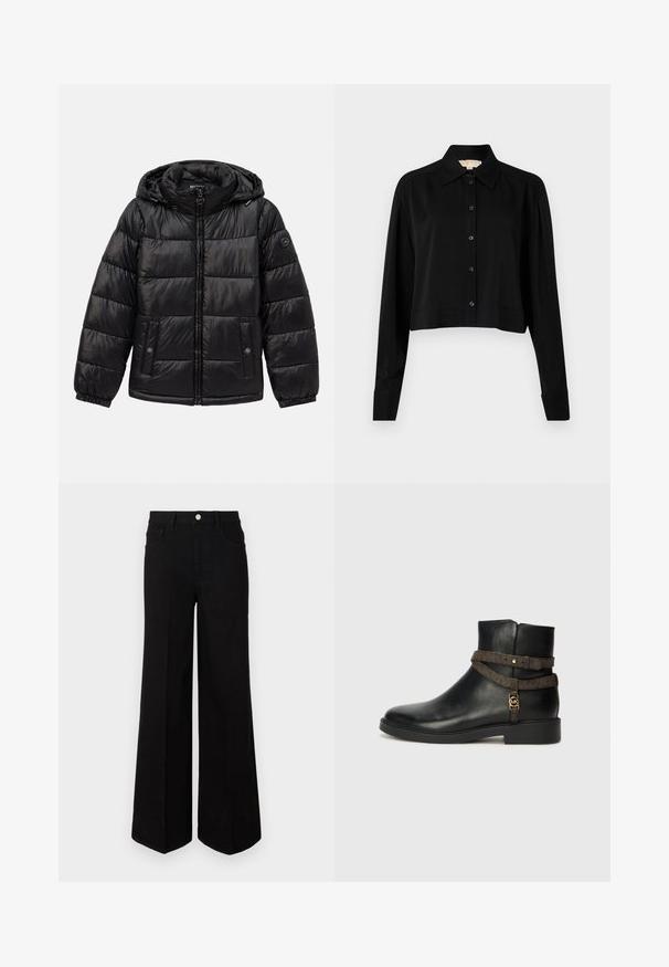 Fekete steppelt puffermellény kapucnival, cipzáros záródással, patentos zsebekkel, elasztikus mandzsettákkal és logóval a bal ujjon.; Fekete, rövid fazonú ing hosszú ujjakkal, hegyes gallérral és gombos elejével. Simító anyagból készült, laza szabású és megkötött ujjaival.; Fekete, bő szárú farmernadrág, strapabíró anyagból készült, magas derékkal, elülső zsebekkel és elöl gombos záródással. Lapos szegély az alján.; Fekete bőr bokacsizma lapos talppal, barna mintás pánttal és aranyszínű fém részletekkel. Simább felület.