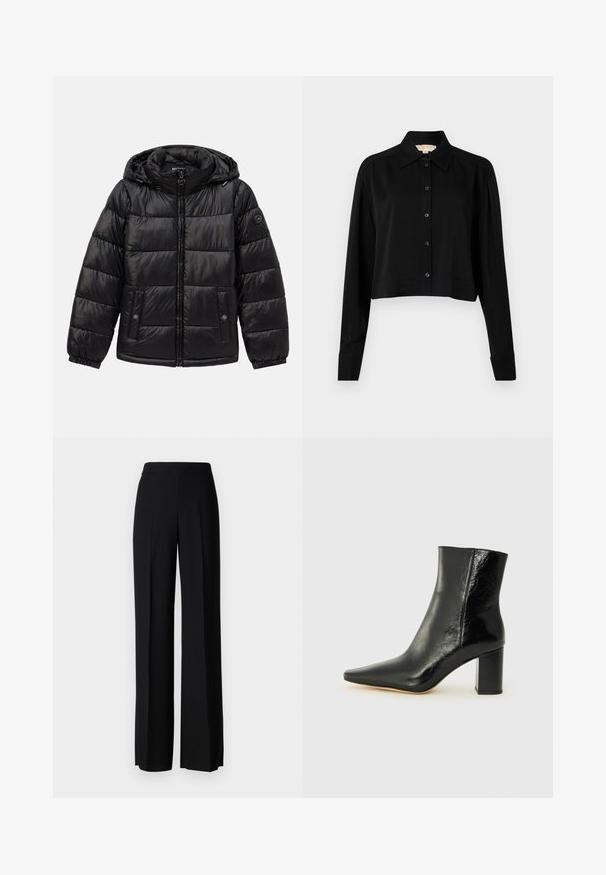 Čierna prešívaná puffa bunda s kapucňou, so zipsom, náprsnými vreckami so zapínaním na patentky, elastickými manžetami a logom na ľavom rukáve.; Čierna skrátená košeľa s dlhými rukávmi, špicatým golierom a zapínaním na gombíky. Vyrobená z hladkej látky s voľným strihom a manžetovými rukávmi.; Čierne široké nohavice s hladkým povrchom, s vysokým pásom a stredovými skladmi. Žiadne viditeľné vzory ani hardvérové detaily.; Čierne členkové čižmy vyrobené z lesklej kože s špicatou špičkou a robustným štvorcovým podpätkom. Majú hladkú textúru a minimalisti design.