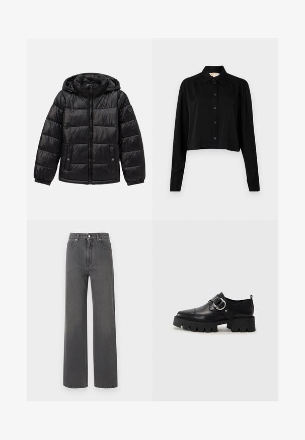 Črna podložena puhovka s kapuco, zadrgo, žepoma na nastavek s gumbom, elastičnimi manšeti in logotipom na levem rokavu.; Črni kratki top z dolgimi rokavi, s končnim ovratnikom in gumbi spredaj. Narejen iz gladkega materiala z sproščenim krojem in manšeti na rokavih.; Široke, sivo-denim jeans hlače z visokim pasom, sprednjim gumbom in kontrastnim šivom. Imajo dve bočni žepi in gladko teksturo.; Črne usnjene čevlje z debelim, rebrastim podplatom, ki imajo okroglo srebrno kovinsko dodatno opremo in minimalne šive.