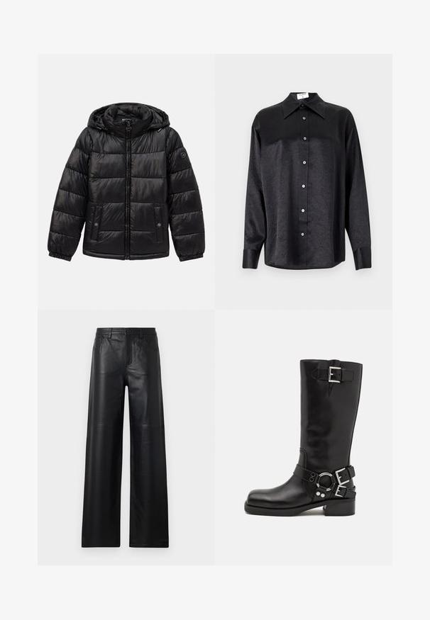 Černá prošívaná péřová bunda s kapucí, zipovým zapínáním, kapsami na patentky, elastickými manžetami a logem na levém rukávu.; Černá košile s dlouhým rukávem a límečkem, s jakostní texturou, plně zapínací, s manžetami. Vyrobena z hladkého materiálu.; Široké černé kožené kalhoty s hladkou texturou, s předními kapsami, zapínáním na knoflík a jemnými švy.; Černé kožené vysoké boty po kolena se stříbrnými sponami a kulatým akcentem, s kulatou špičkou a nízkým blokovým podpatkem. Hladká textura.