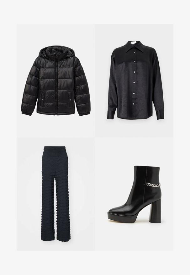 Crna jakna s kvačicama, s kapuljačom, zatvaranjem na patentni zatvarač, džepovima na dugmad, elastičnim manžetama i logotipom na lijevom rukavu.; Crna košulja dugih rukava s ovratnikom, s naboranom teksturom, potpuno dugmadi naprijed i manžetama. Izrađena od glatkog materijala.; Hlače širokog kroja od tamnosive tkanine s talasastim teksturalnim uzorkom, visokim strukom i glatkom završnom obradom sa strukturiranim oblikom.; Crne lakirane kožne gležnjače s debelim platformom i visokim blok štiklom. Imaju srebrni lanac kao detalj sa strane. Glatka tekstura.
