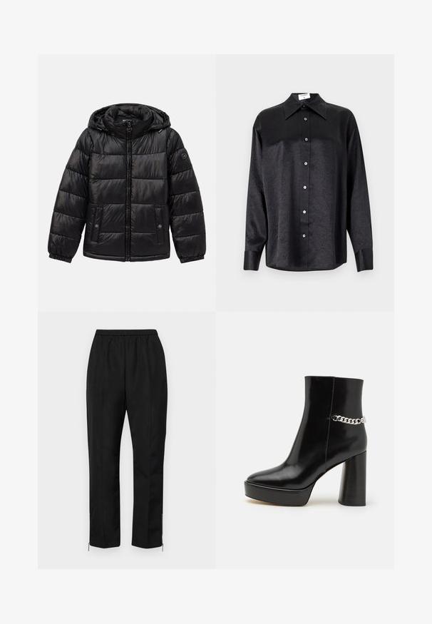 Czarna pikowana kurtka puchowa z kapturem, zamek błyskawiczny, kieszenie zapinane na napy, elastyczne mankiety oraz naszywka z logo na lewym rękawie.; Czarna koszula z długim rękawem i kołnierzykiem, o pogniecionej teksturze, z pełnym zapięciem na guziki z przodu oraz mankietami. Wykonana z gładkiego materiału.; Czarne spodnie z elastycznym pasem, proste nogawki i zamki błyskawiczne przy kostkach. Tkanina ma gładką fakturę i minimalistyczny design.; Czarne lakierowane botki za kostkę z grubą platformą i wysokim słupkowym obcasem. Posiadają akcent w postaci srebrnego łańcucha po bokach. Gładka tekstura.