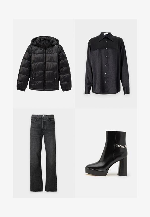 Giacca a vento può nera con trapuntatura, cappuccio, chiusura con zip, tasche con bottoni a pressione, polsini elasticizzati e patch con logo sulla manica sinistra.; Camicia nera a maniche lunghe con colletto, caratterizzata da una texture stropicciata, chiusura frontale con bottoni e polsini. Realizzata in un tessuto morbido.; Jeans neri in denim con taglio dritto, dotati di accessori in rame, classico design a cinque tasche e una texture leggermente sbiadita.; Stivale alla caviglia in vernice nera con una piattaforma chunky e un tallone alto a blocco. Presenta un accento di catena argentata sul lato. Texture liscia.