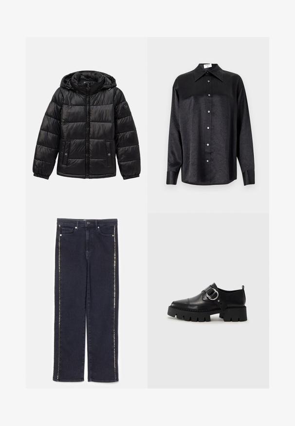 Črna podložena puhovka s kapuco, zadrgo, žepoma na nastavek s gumbom, elastičnimi manšeti in logotipom na levem rokavu.; Črna srajca z dolgimi rokavi in ovratnikom, ki ima gubasto teksturo, celotno zapenjanje na gumb in manšete. Izdelana iz gladkega materiala.; Temno modri traper hlače z ravnim krojem in vrsto kovinskih žebljev ob stranskih šivih, kar daje edinstven poudarek.; Črne usnjene čevlje z debelim, rebrastim podplatom, ki imajo okroglo srebrno kovinsko dodatno opremo in minimalne šive.