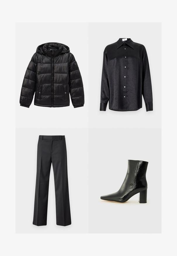 Svart quilted puffer-jakke med hette, glidelås foran, knapp-lukking lommer, elastiske mansjetter og en logo-patch på venstre erme.; Svart langermet skjorte med krage, som har en rynket tekstur, fullt knappet front og mansjetter. Laget av et glatt stoff.; Sorte, vide bukser laget av glatt stoff. Har en midje med beltehemper og frontfold. Rett snitt til ankelen.; Svart ankelstøvel laget av blankt lær med spiss tå og en robust, firkantet hæl. Har en glatt tekstur og en minimalistisk design.